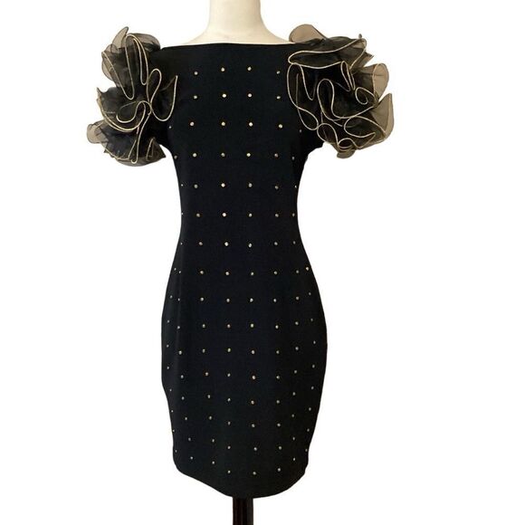 Tadashi Shoji Silk Puff Sleeve Black Body Con Party Dress Vintage ‘90s sz S - Picture 2 of 9